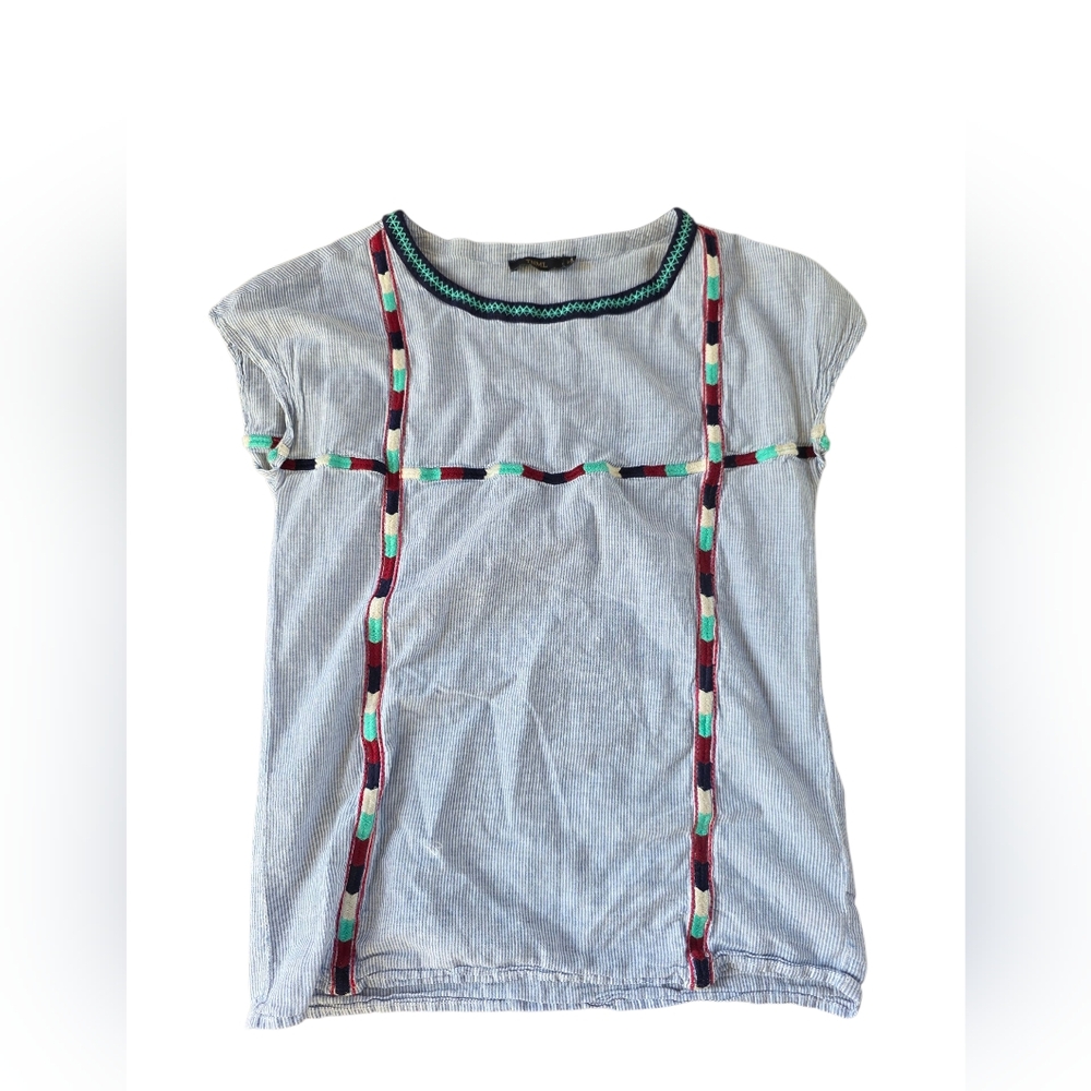 THML Seersucker Cap Sleeve T-Shirt With Embroidered Boho Detail Sizs XS